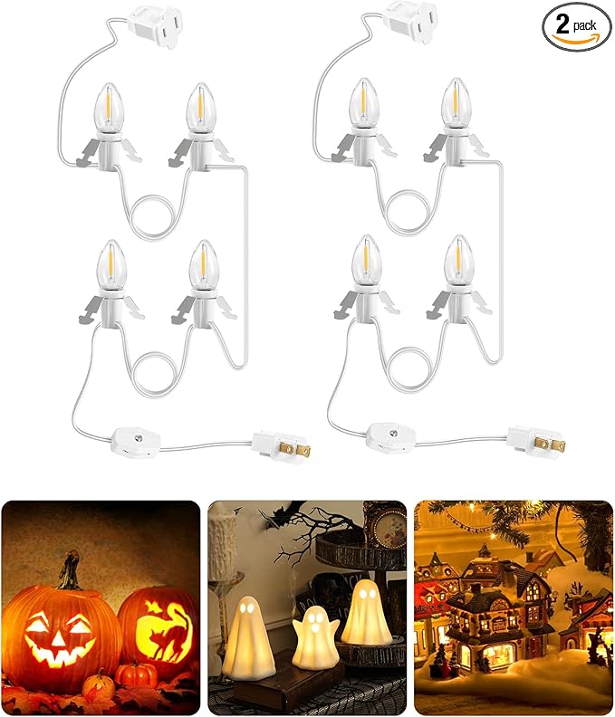 2Pack Christmas Village Lights, Decoration String Lights 10.5Ft with 4 C7 LED Bulbs, Warm, with Male and Female Plugs, for Christmas Snow House,Pumpkin Crafts,Holiday Decoration W03VLP205
