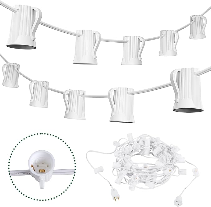 Brightown C9 Light Strand, 50FT White Cord Outdoor String Lights Christmas Stringer with 12" Socket Spacing, C9/E17 Intermediate Base Indoor/Outdoor Stringer Set for Christmas Decor Patio