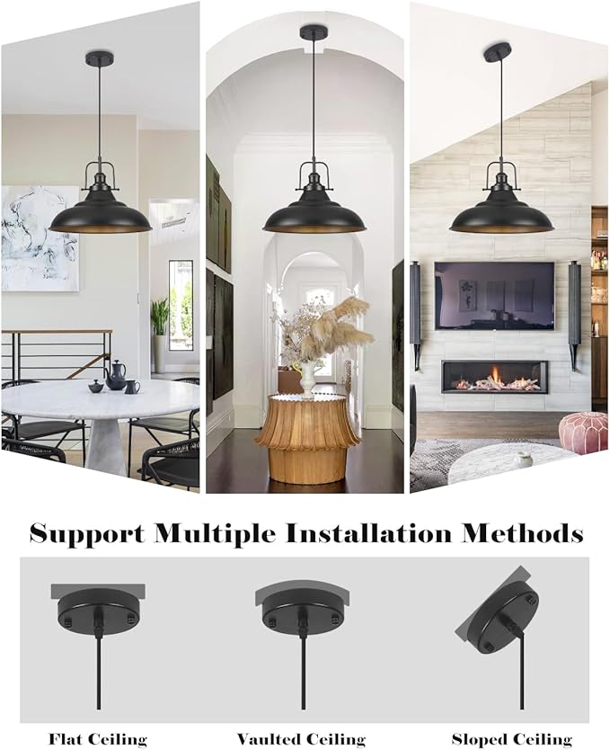 Black Pendant Light Kitchen Island,16 Inch Large Industrial Pendant Lights, Matte Black Pendant Lights, Vintage Farmhouse Pendant Light for Kitchen Island, Dining Room, Hallway (3 Packs)