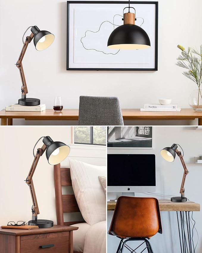 ELYONA Modern LED Desk Lamp with Upgraded Wireless Charger & USB C Charging Port Sapele Wood Table Lamp Swing Arm Bedside Reading Task Light for Dorm Office Bedroom Living Room Bulb Included Black