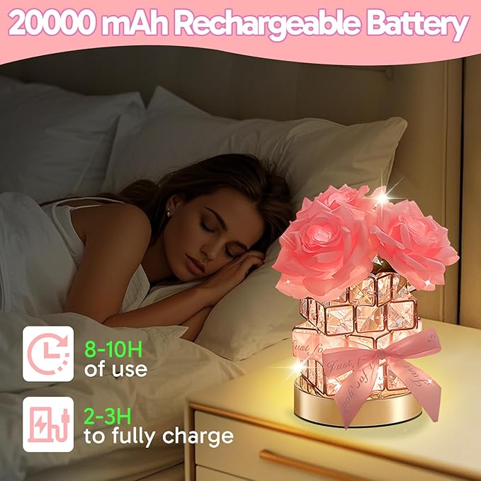 ONXE Valentines Day Birthday Gifts for GF Girlfriend Mom Wife, Flower Cordless Crystal Table Lamp,3-Colour Dimming Rechargeable Forever Rose Bedside Lamp Night Light Anniversary Decor for Women Men