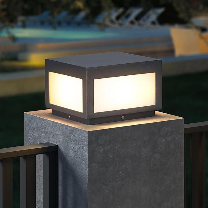 Outdoor Post Lights, 9.84" Square Pillar Lights Hard Wired, Modern Column Lighting Waterproof LED 3000K Warm Posts Lamp Lantern for Patio Driveway Entrance Deck Garden Decoration(120V)