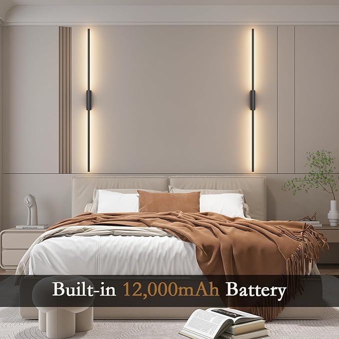 39.4In Battery Operated Wall Sconces Set of Two,12000mAh Wireless Rechargeable Sconces 3 Colors Dimmable with Remote for Living Room Bedroom