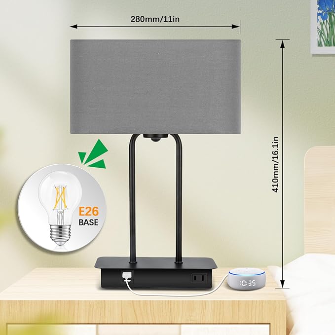 16.1'' 3-Way Dimmable Touch Control Table Lamp with USB Ports and AC Power Outlet Modern Bedside Nightstand Lamp Fabric Shade and Metal Base for Bedroom Living Room LED Bulb Included Warm White
