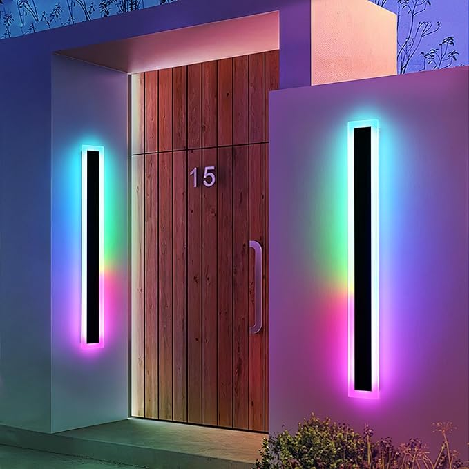 Mikeru Upgraded Widened RGB Long LED Wall Lights, 2Pack 23.6inch Outdoor Sconces RGB/Warm/White Dimmable Outdoor Wall Lights Exterior Front Porch Light Ip65 Waterproof Wall Sconce with Remote Control