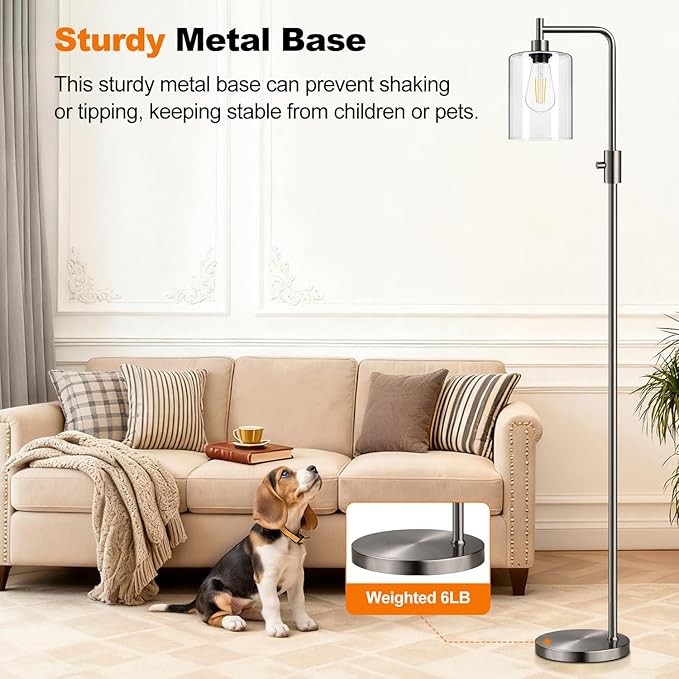 【Upgraded】Dimmable Floor Lamp for Living Room with Glass Lampshade, Brushed Nickel Modern Floor Lamp with 900LM LED Bulb Included, Bright Standing Tall Lamp for Bedroom, Office, Reading Room, Corner