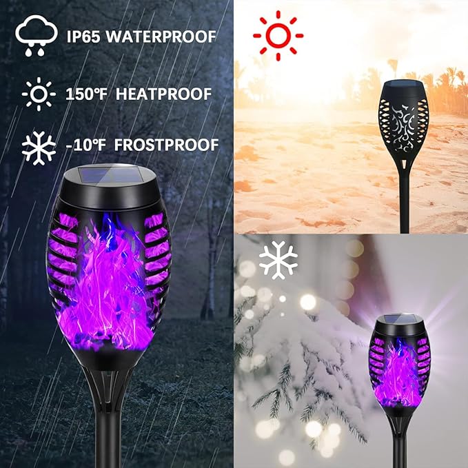 Solar Lights Outdoor Decorations, Upgraded Purple Flickering Flame, Waterproof Halloween Torch Lights, Tiki Torches for Outside Patio Pathway Decor, 6 Pack (12)