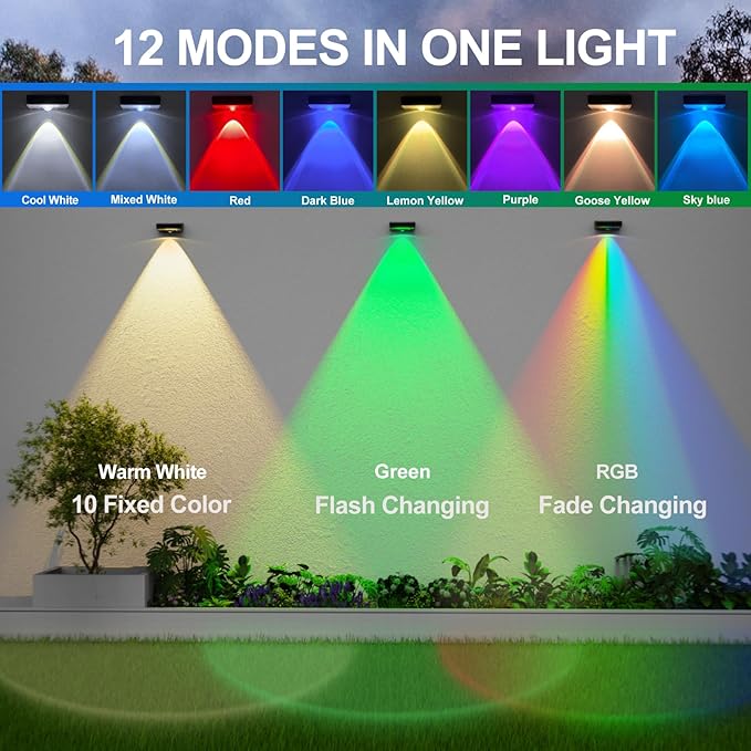 Solar Fence Lights,Fence Lights Solar Powered Waterproof IP65 Multicolor Led 12 Fixed Colors ＆RGB Color Changing for Pool, Deck, Patio, Porch, Stairs, Holiday-4pack