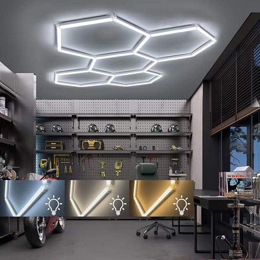 Hexagon LED Lights: 3 Colors 3000K 4000k 6500K 5 Honeycomb Hexagon Garage Lights Super Bright Car Detailing Ceiling LED Shop Light for Warehouse Workshop Gym Basement (5 hex 3 Colors)