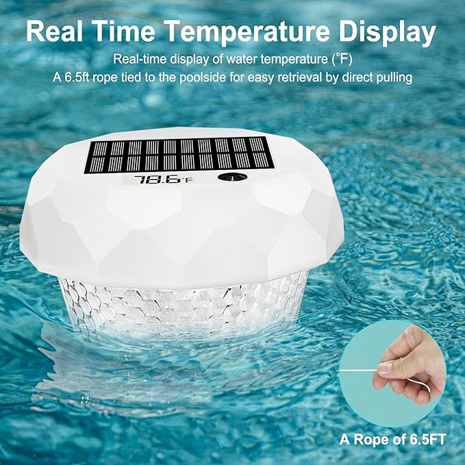 CCHKFEI Solar Floating Pool Lights with Thermometer, Swimming Pool Light with Remote, IP68 Waterproof, RGB 6 Dynamic Modes for Pools, Fountains, Party.