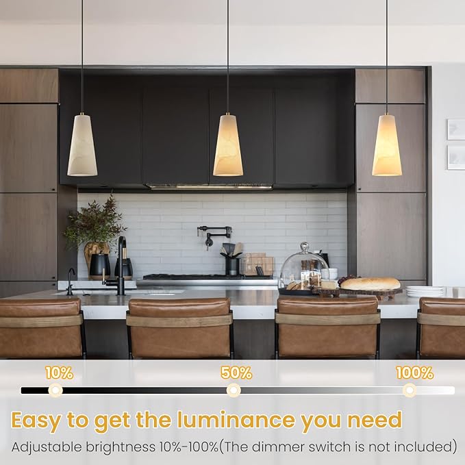 Alabaster Kitchen Island Pendant Light: White Marble Hanging Lights over Dining Table - Minimalist Natural Stone Textured Pendants Lighting - Vintage Brass Cylinder Chandelier above Sink Bulb included