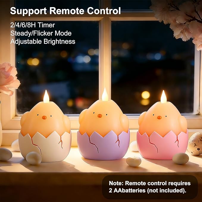 3PCS Easter Hatching Chick Flameless Candles – Easter Candles with Remote, Battery Operated LED Egg Candles in Pink Purple Ivory, Flickering Flame & Timer for Spring Table Centerpiece, Home