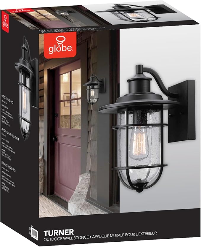 Globe Electric 44094 1-Light Outdoor/Indoor Wall Sconce, Black Finish, Seeded Glass Shade, Coastal Modern Design, Weather-Resistant, E26 Base