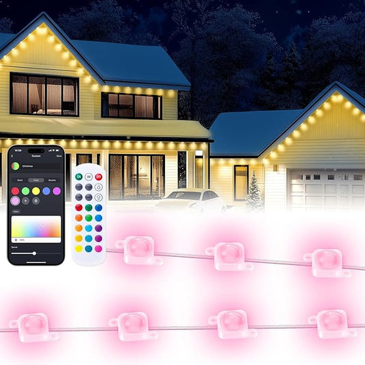Smart Permanent Outdoor Lights, 100FT with 50 LED RGB LED Lights Outside with DIY Colors Scene Modes, IP67 Waterproof Eaves Lights for Christmas Halloween Holiday Party Garden Daily Decorations