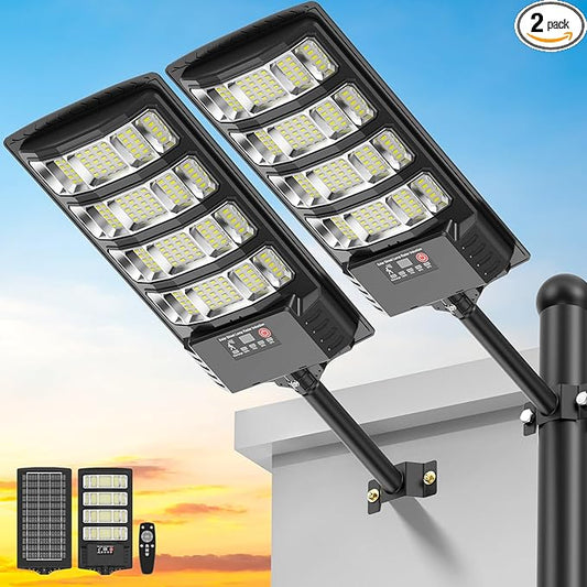 Solar Street Lights Outdoor Waterproof ,35000LM 6500K 320° Angle Flood light, 5730 LED Solar Parking Light with Motion Sensor and Remote Control for Outdoor, Streets, Courtyards,Parking Garages,-2Pack