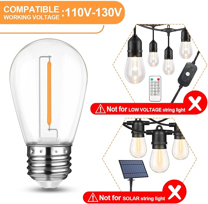 Mlambert 24 Pack LED String Light Bulbs,Shatterproof Outdoor String S14 Replacement Light Bulb,Waterproof 1W LED Edison Bulb Equal to 11W,Not Solar