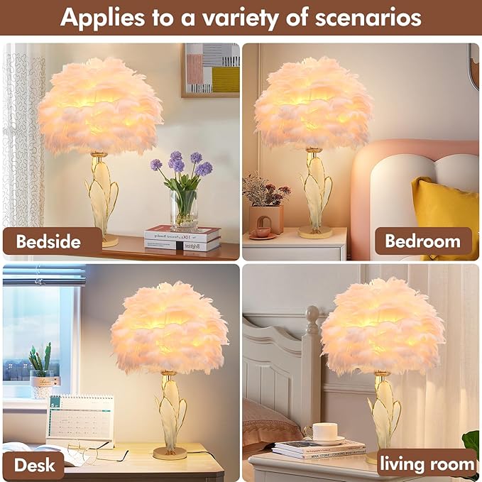 Pink Feather Lamp Goose Furry Table Lamp Princess Modern Fluffy Desk Lamp Simple Wedding Decor Romantic Bedside Night Light for Girl Bedroom Living Room Hotel