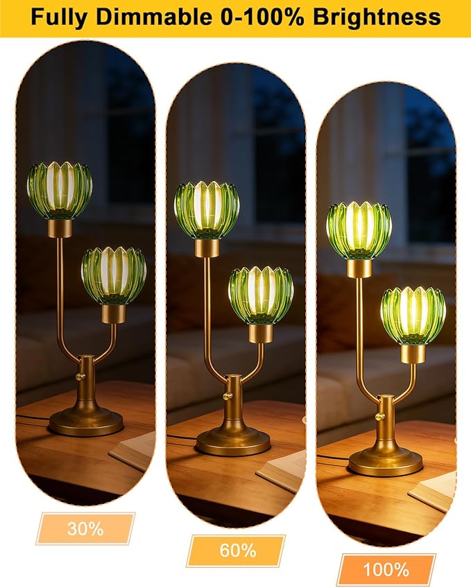 Lightdot Mid Century Modern Glass Table Lamp Gold Dimmable U-Shaped Desk Lamps with Green Glass Shade& 2Pcs 3000K Warmwhite Bulbs Included Bedside Nightstand Lamp for Living Room Bedroom