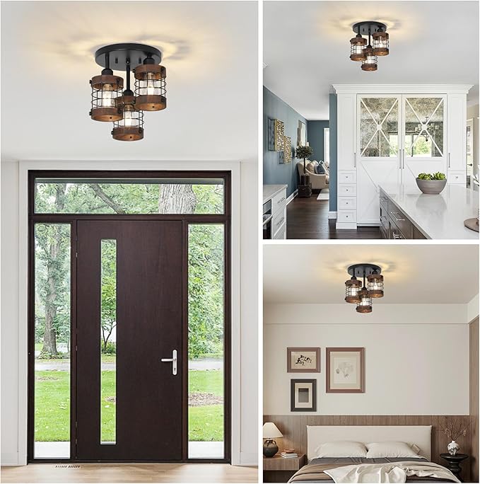 Semi Flush Mount Ceiling Light,3-Light Farmhouse Chandelier Light Fixtures Ceiling Mount, Black Hallway Light Fixtures with Wooden Cage Shade,Rustic Kitchen Light Fixture for Entryway Bedroom