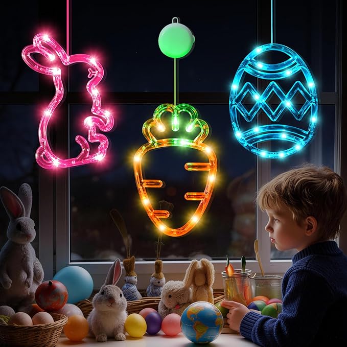 3Pack Easter Window Lights Decorations with Timer, Battery Powered Hanging Pink Orange Green Blue Lighted Bunny Carrot Egg Shaped Sucker LED Lamp for 2026 Holiday Indoor Home Decor