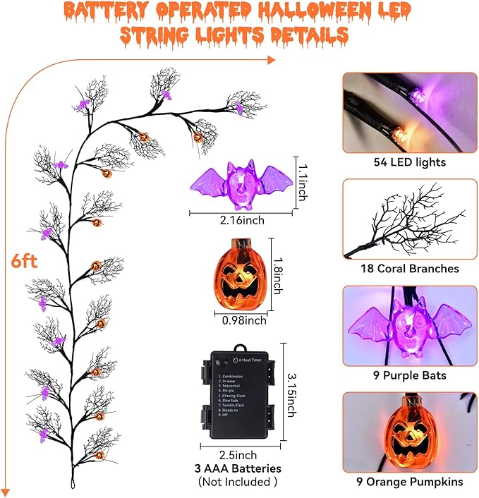 6 FT 54 LED Halloween Lights, 8 Modes & Timer Battery Operated Halloween Pumpkins Bats Lights with Willow Vine Twig Garland, 3D Waterproof Decorations Lights for Indoor Wall Party Fireplace Mantle