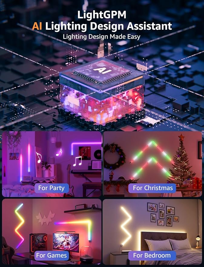 Lepro WL1 AI Smart RGB Wall Lights for Christmas Decorations, LLM AI Generated Lighting with LightBeats Music Sync, Voice Control Via App, Wi-Fi & Bluetooth LED Light Bars, 6 Pcs with 2 Corners
