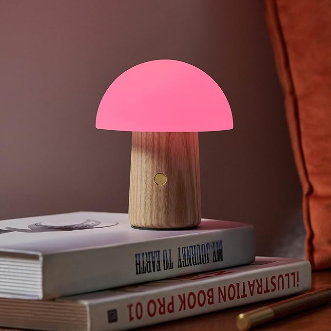 Gingko 7 Colour Changing RGB Alice Mushroom Lamp, Long Life Battery, USB-C Charging, 3 Light Modes, FSC Certified Wood with Frosted Glass, Touch Button Control (Mini, White Ash)
