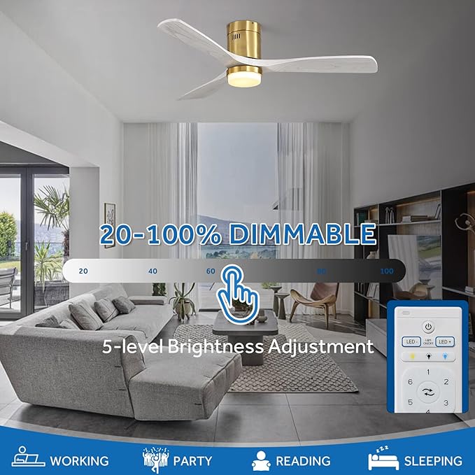 Sofucor Low Profile Ceiling Fan, Flush Mount Ceiling Fan with Lights and Remote Control, 52'' Wood Ceiling Fan with 3 Color Temperature & Adjustable Brightness, Gray Wood