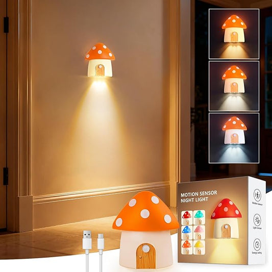 Cute Mushroom Lamp, Rechargeable Stair Lights, Motion Sensor Light Indoor, 3 Color Temperatures, Adjustable Brightness, Magnetic Nightlight for Hallway, Kitchen, Kids Gift, Orange