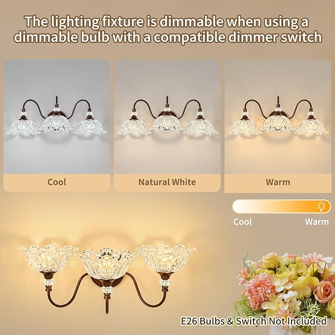 Oil Rubbed Bronze Bathroom Vanity Light, 3-Light Vintage Vanity Light with Floral Clear Glass Shades, Retro Wall Mount Lighting for Bathroom, Dressing Table