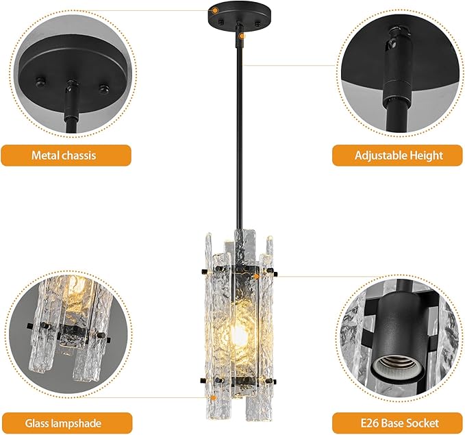 Modern Crystal Pendant Lighting Black Pendant Lights Mini Glass Chandeliers, Adjustable Pendant Light Fixture for Kitchen Island Bedroom Living Room Dining Room Corridor(1Pack)