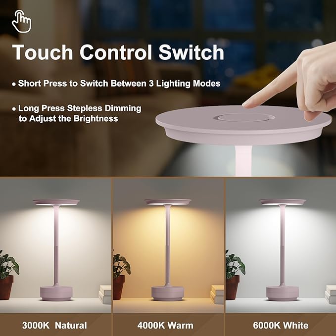 2 Pack Rechargeable Cordless Table Lamps, Portable 5000mAh LED Table Light, 3 Color Stepless Dimming Battery Powered Metal Table Lamp for Outdoo/Restaurant/Home/Patio.(Light Pink)