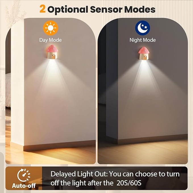 Mushroom Night Light, Rechargeable Motion Sensor Lights, 3 Color Temperatures 3000/4500/6000K & Dimmable Nightlight, Portable Led Night Lamps for Wall, Cabinet, Bedroom, Hallway, Pink