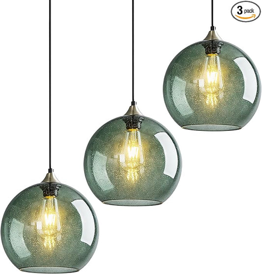 Gray Green Glass Pendant Lights Kitchen Island Lighting Globe Pendant Light Fixtures Modern Pendant Lighting for Kitchen Island Bedroom Living Dining Room Light Fixture(9.84in, 3-Pack)