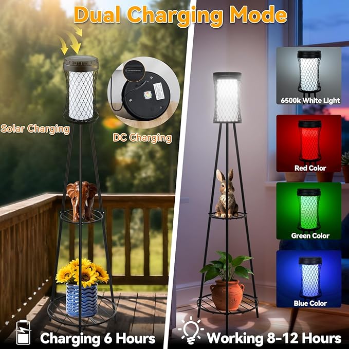 Aialun Solar Outdoor Floor Lamps with USB Charging, 5 Mode White&RGB Light Solar Outside Floor Lamps, 45.67 Inch Tall Standing Lamp with Double Plant Stand for Patio, Porch, Deck, Yard Decor, 2 Pack