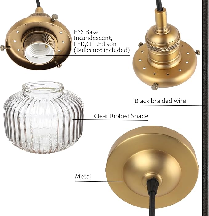 Yosoan Indoor Vintage Edison Hanging Pendant Light, 1-Light Hardwired Modern Vanity Light Industrial Semi Flush Mount Lamp Striped Ribbed Glass Shade for Kitchen Table Bar Island(Antique)
