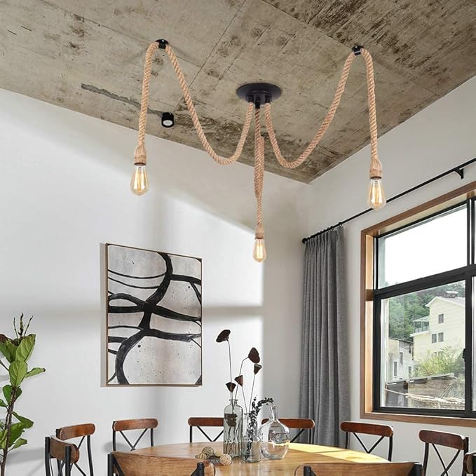 Hemp Rope Pendant Light,Industrial Ceiling Spider Lamps,Retro Pendant Lights Fixture,Adjustable DIY E26 Chandelier Lighting,Hemp Rope Hanging Light for Coffee Shop Dining Room