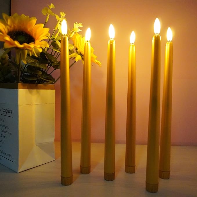 Gold Flameless Taper Candles with Remote, Flickering Christmas LED Candlesticks Battery Operated Set of 6