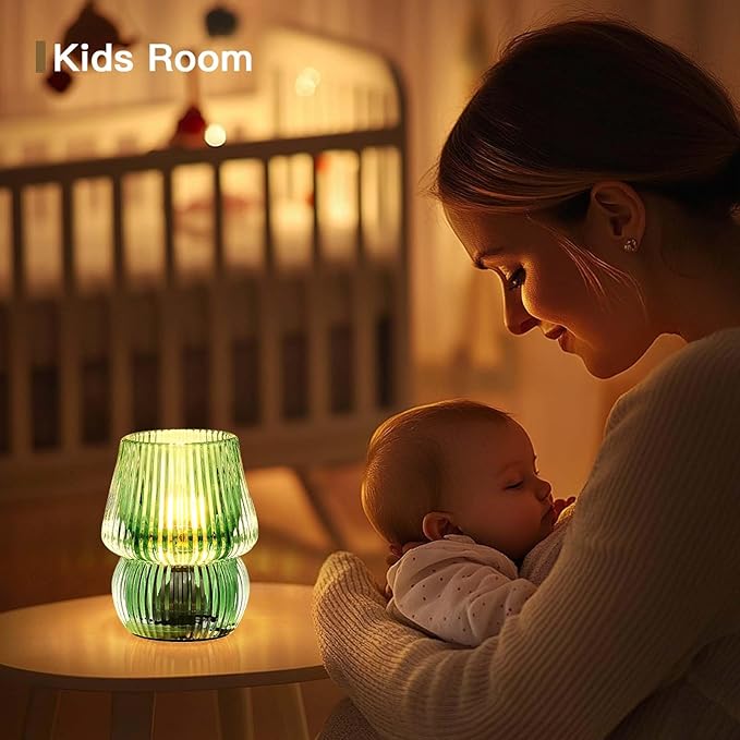 Small Battery Operated Lamp with Timer, Tiny Cordless Glass Table Lamp for Home Decor, Kitchen, Bathroom, Birthday Gift for Women, Mushroom, Green