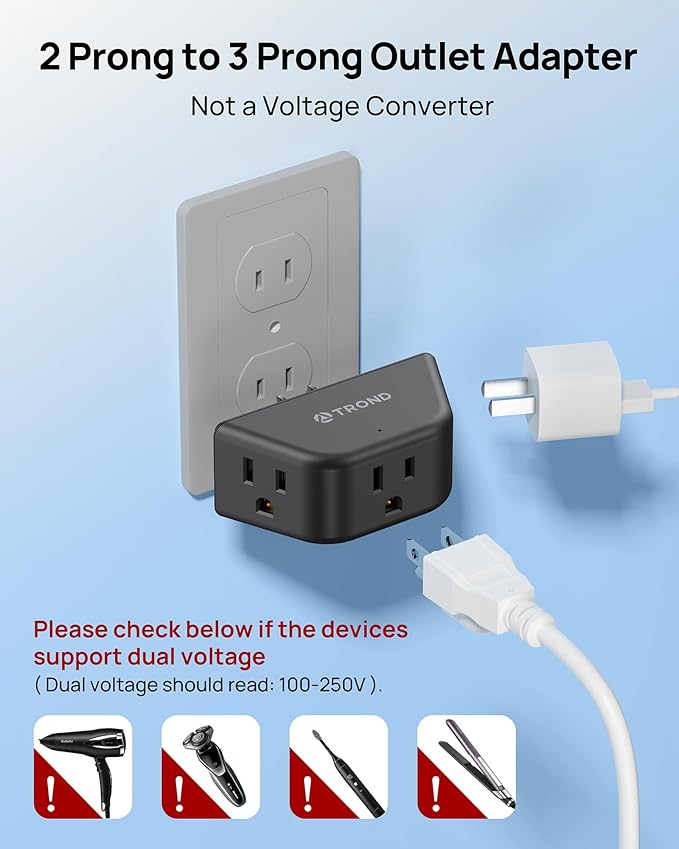 TROND 2 to 3 Prong Outlet Adapter 2 Pack, 3-Way Angled Plug Extender with 3 AC Sockets, Wall Plug Splitter for Non-Grounded Outlets in Old House, Cruise Ship Travel Essentials, Black
