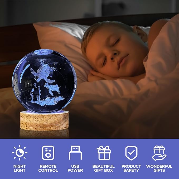 3D Sea Turtle Crystal Ball Night Light with Woodern Base, 3.15“ Sea Turtle Glass Ball Lamp 16 Colors with Remote Control Sea Turtle Figurines Cool Desk Decor Sea Turtle Gifts for Kids Friends Birthday