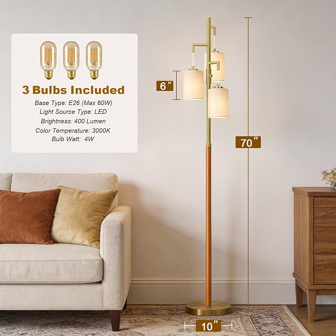 70" Dimmable Floor Lamp Wood Floor Lamps for Living Room Bedroom Mid Century Modern Floor Lamp Gold Standing Lamp Tall Lamps for Office Nursery Reading Elegant Stand Up Lamp, 3 Bulbs Included