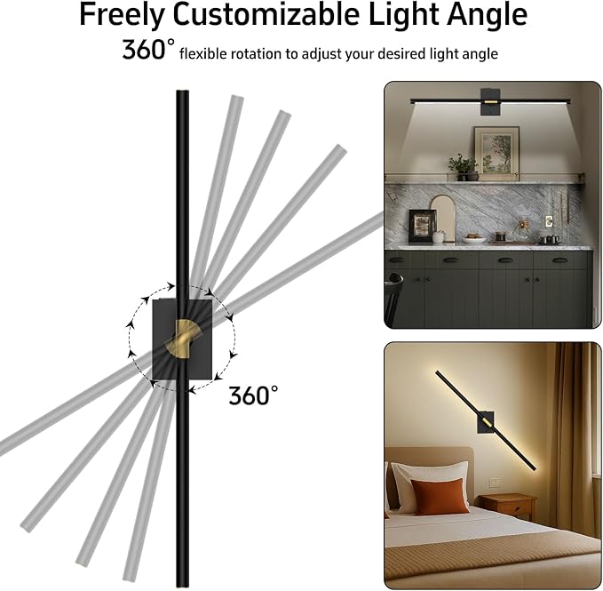iThird Battery Operated Wall Sconces Set of 2: 10000mAh Rechargeable Wall Lights with Remote Control, 360° Rotate Wireless Wall Scone Decor for TV/Mirror Bedroom Living Room, 31.5 Inch, Black