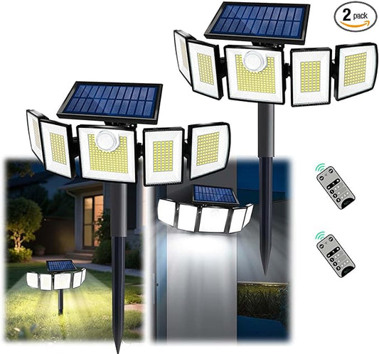 Solar Lights Outdoor Waterproof Motion Sensor - 416 LEDs 3000 Lumens Super Bright 3 Brightness 3 Modes 2400mAh 360° Illumination 32ft Solar Flood Security Light for Outside (with Stakes, 2)