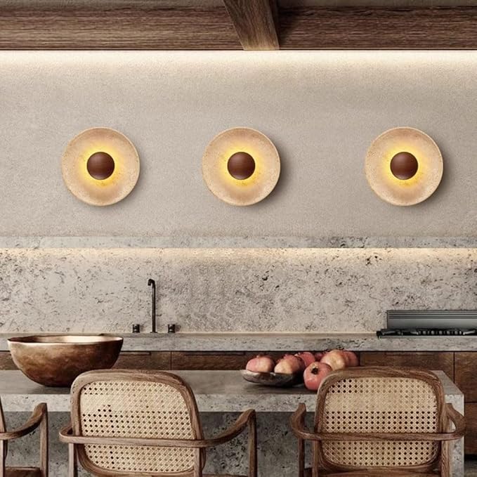 Wall Sconce American Retro Minimalism Wall Light Round Yellow Travertine Interior Wall Lamp 7W LED Warm Light 3000K travertine sconce Wooden Decoration Living Room Wall Lighting