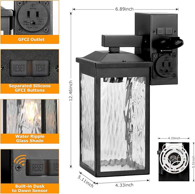 Porch Lights with GFCI Outlet, Dusk to Dawn Outdoor Wall Lighting with Water Rippled Glass Shade, Waterproof Exterior Light Fixture Black Outside Lights for House Front Door Garage Patio (E26 Base)
