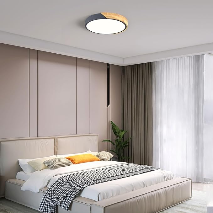 Vikaey Modern LED Ceiling Light, Minimalist Wood Flush Mount Ceiling Light Fixture, 4000K Not Dimmable, Circle Lighting Lamp with Acrylic Lampshade for Bedroom Dining Room Laundry (Grey, 11.8'')