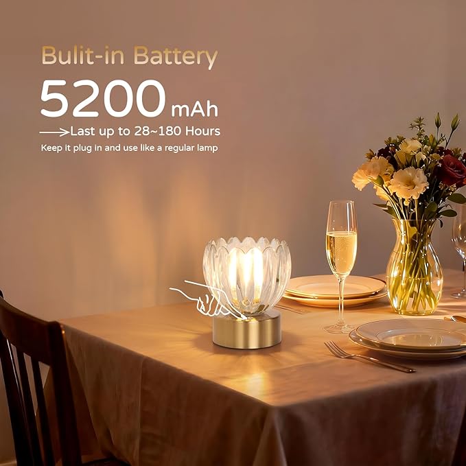 Cordless Small Table Lamp with 5200mAh Battery & Touch Control, Battery Operated Tulip Table Lamp with 3 Colors, Rechargeable Mini Table Lamps for Bedsides, Bedroom, Nightstand (Transparent)