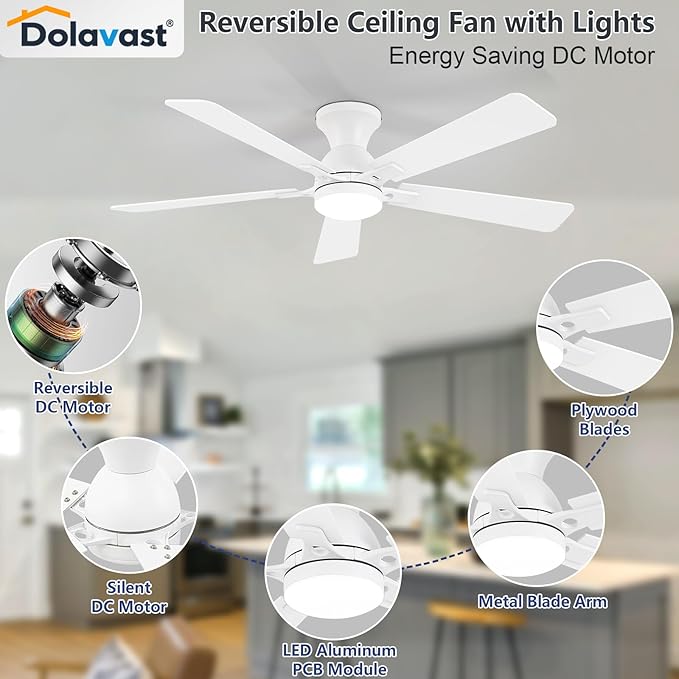 Ceiling Fans with Lights and Remote, 52 Inch White Ceiling Fan with Light, Low Profile Reversible Fandelier Ceiling Fan, Dimmable LED, Flush Mount, Quiet DC Motor, for Bedroom Kitchen
