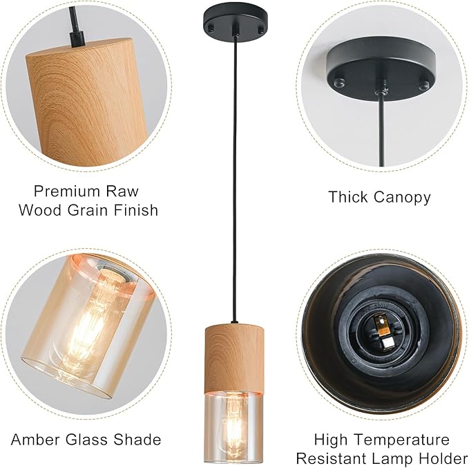 3-Pack Gold Pendant Lights for Kitchen Island, Adjustable Modern Pendant Light Fixtures with Raw Wood Grain, Industrial Amber Glass Pendant Lights for Dining Table Hallway Bedroom Living Room